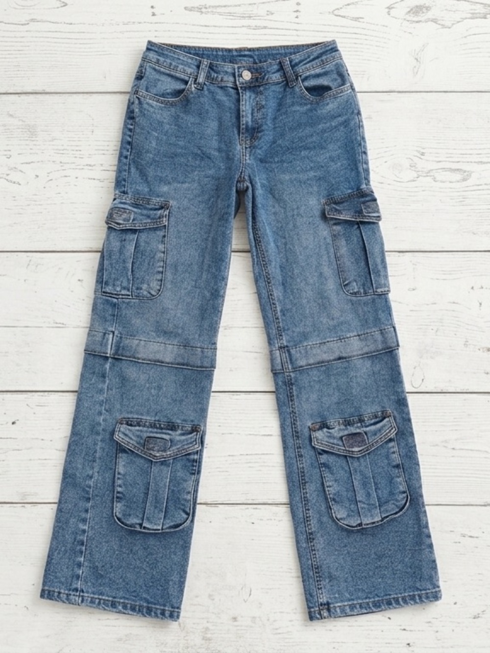 ChicConnect Vintage Blue Cargo Utility Jeans Junior 5 Y2K Wide Leg Baggy Denim